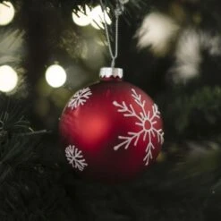 Palline Di Natale Rosse Con Fiocco Di Neve Da 8 Cm - 12 Unità